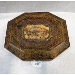 A REGENCY OCTAGONAL CARD BOX with burr-wood and pen-work decorated panels, 10" wide