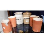 THREE EARTHENWARE BRISTOL TYPE SINGLE HANDLED PINT MUGS, cream jug and two lidded preserve pots