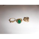 A 14CT YELLOW GOLD DRESS RING set with a pearl, another set with a green stone and another of