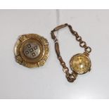 A VICTORIAN DECORATED YELLOW METAL LOCKET, set with five pearls and a lady's rolled gold watch (2)