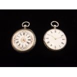 A SILVER FOB WATCH WITH FLORAL ENAMELLED DIAL and another similar (2)