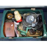 A COLLECTION OF CUTLERY, an apple machine, wooden carvings and sundries