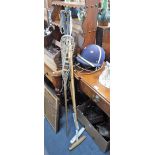 THREE VINTAGE POLO MALLETS, a lacrosse stick and a blue Polo helmet