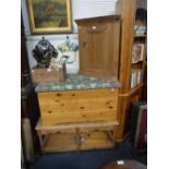 A PINE COFFEE TABLE, another, a blanket box and a corner cupboard