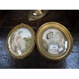 A PAIR OF 19TH CENTURY GILT OVAL FRAMED NEEDLEWORKS depicting ladies in a garden setting