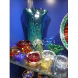 A COLLECTION OF BUBBLE INCLUDED PAPERWEIGHTS, BOWLS AND DISHES and a large green Art Glass vase