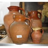 A SMALL LAKE'S CORNISH POTTERY JUG, 5" high and three larger country pottery jugs (4)