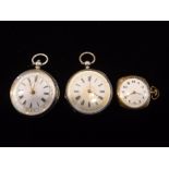 TWO SILVER FOB WATCHES WITH ENGRAVED DECORATION and another watch (3)