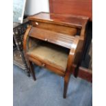 A CONTINENTAL TAMBOUR FRONTED MAHOGANY BEDSIDE TABLE on square tapered legs, 20" wide