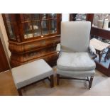 A GEORGE III MAHOGANY FRAMED OPEN ARMCHAIR upholstered in blue/grey herringbone material and a