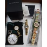 EMPORIO ARMANI AR6031 LADIES TASSIO WATCH and a Swatch wristwatch, large open-face pocket watch