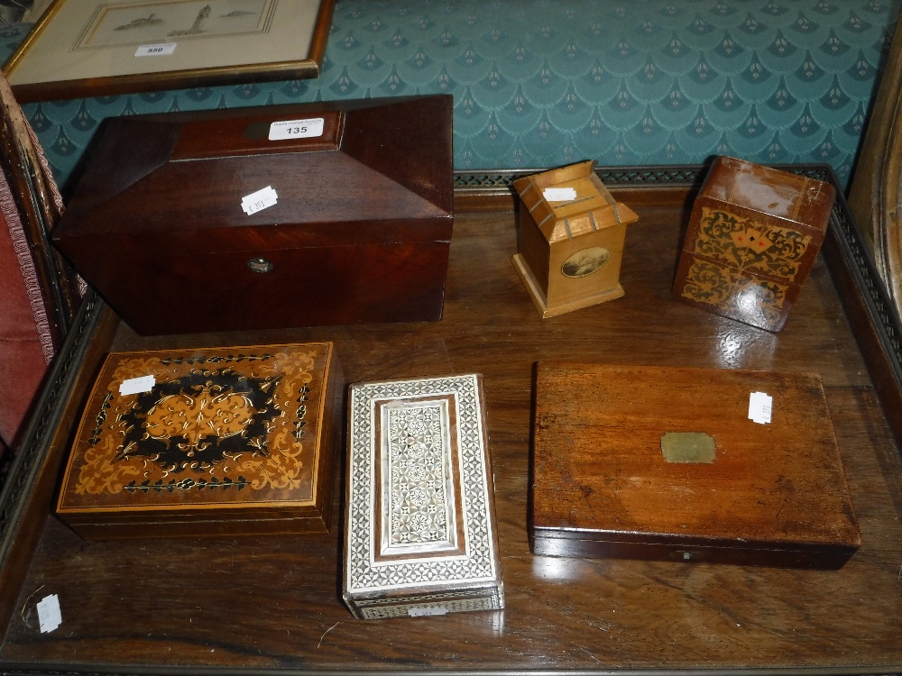 AN INLAID BRIDGE CARD BOX and a green velvet-lined tea caddy and other boxes