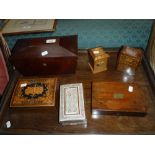 AN INLAID BRIDGE CARD BOX and a green velvet-lined tea caddy and other boxes