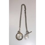 AN OMEGA SILVER POCKET WATCH AND CHAIN