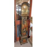 A CHINOISERIE BLACK LACQUERED CASE GRANDMOTHER CLOCK with brass dial, inscribed 'Tempus Fugit',