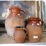 FOUR COUNTRY POTTERY JUGS, possibly Cornish