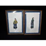 A PAIR OF CHINESE FRAMED AND GLAZED HAND PAINTED PICTURES ON RICE PAPER, depicting two figures in