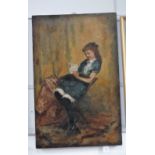 A VICTORIAN OIL ON CANVAS PAINTING of a young girl reading, indistinctly signed