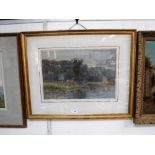 A VICTORIAN WATERCOLOUR of corn stooks beside a river with mountains to the distance, probably North