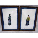 A PAIR OF CHINESE FRAMED AND GLAZED HAND PAINTED PICTURES on rice paper depicting two figures in