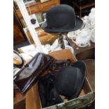 TWO VINTAGE BOWLER HATS, and a collection of Vintage Ladies handbags in a Harrods hat box
