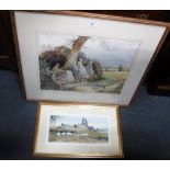 S MOUNCEY: A watercolour of children sitting on a stile and another watercolour of a castle