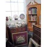 A PINE CORNER CUPBOARD, a mahogany side cabinet, a pine trunk and a fire screen