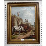 A NAIVE 19TH CENTURY OIL ON CANVAS SCENE OF HAYMAKERS, indistinctly signed 'Perret (?), 1875'