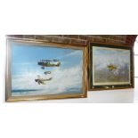 BI-PLANES IN FLIGHT OVER THE COAST, oil on board, monogrammed 'PW' and singed, limited edition print