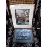 A 19TH CENTURY VENETIAN SCENE, watercolour and an oil sketch of a ship passing a volcano