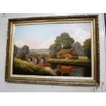 A 20TH CENTURY OIL ON CANVAS COUNTRY SCENE with bridge and cottage