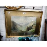 A VICTORIAN WATERCOLOUR OF A MOUNTAIN RAVINE in a gilt frame