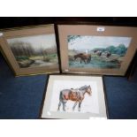 A 20TH CENTURY WATERCOLOUR OF PONIES IN A FIELD with a similar pastel study and a landscape