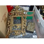 A SMALL 19TH CENTURY BOULLE WORK BOX with brass inlay (A/F), a pair of gilt metal picture frames and
