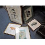 A BLACK CHALK PORTRAIT 'Hubert Williams, 1942' and various pictures and prints