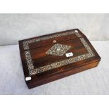 A 19TH CENTURY ROSEWOOD AND MOTHER-OF-PEARL INLAID WRITING BOX, with fitted interior, 16" long