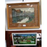 A LATE 19TH CENTURY WATERCOLOUR of a European town, initialled indistinctly, and a naive painting by