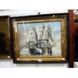A 20TH CENTURY OIL ON BOARD PAINTING of two 19th century battleships, in a Victorian gilt and faux