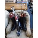 TWO PAIRS OF LEATHER RIDING BOOTS, a leather riding crop with silver collar and similar items