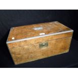 A 19TH CENTURY BURR WALNUT AND BRASS INLAID WRITING BOX with fitted interior, 19.5" long