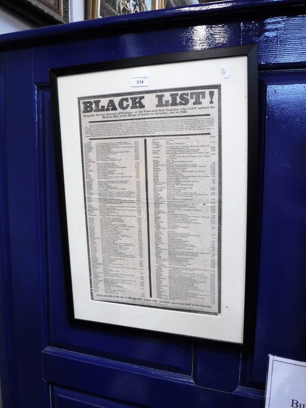 A 19TH CENTURY REFORM BILL POSTER; 'BLACK LIST!... the peers ...who voted against the Reform