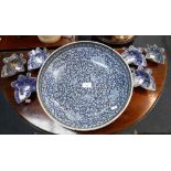 AN JAPANESE BLUE PAINTED DISH (riveted) 14.5" dia. and a collection of blue and white Copeland Spode