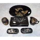 A SMALL COLLECTION OF LACQUERED ITEMS including dressing table box