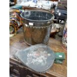 A 19TH CENTURY COPPER COAL BUCKET, 12" high and a pair of bellows, with a Royal Crest (Brass