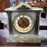A LATE 19TH CENTURY MANTEL CLOCK in a green alabaster case, marked 'Tilley & Son' Dorchester, 9"