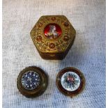 A GILT METAL HEXAGONAL BOX, set with enamel portrait and two similar items