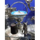 A SILVER PLATED FOX'S HEAD STIRRUP CUP, a leather cased 'Thimbleful' and a plated bonbon basket with