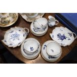 A ROYAL COPENHAGEN TEASET decorated with hand painted blue flowers and gilt, and two similar dishes