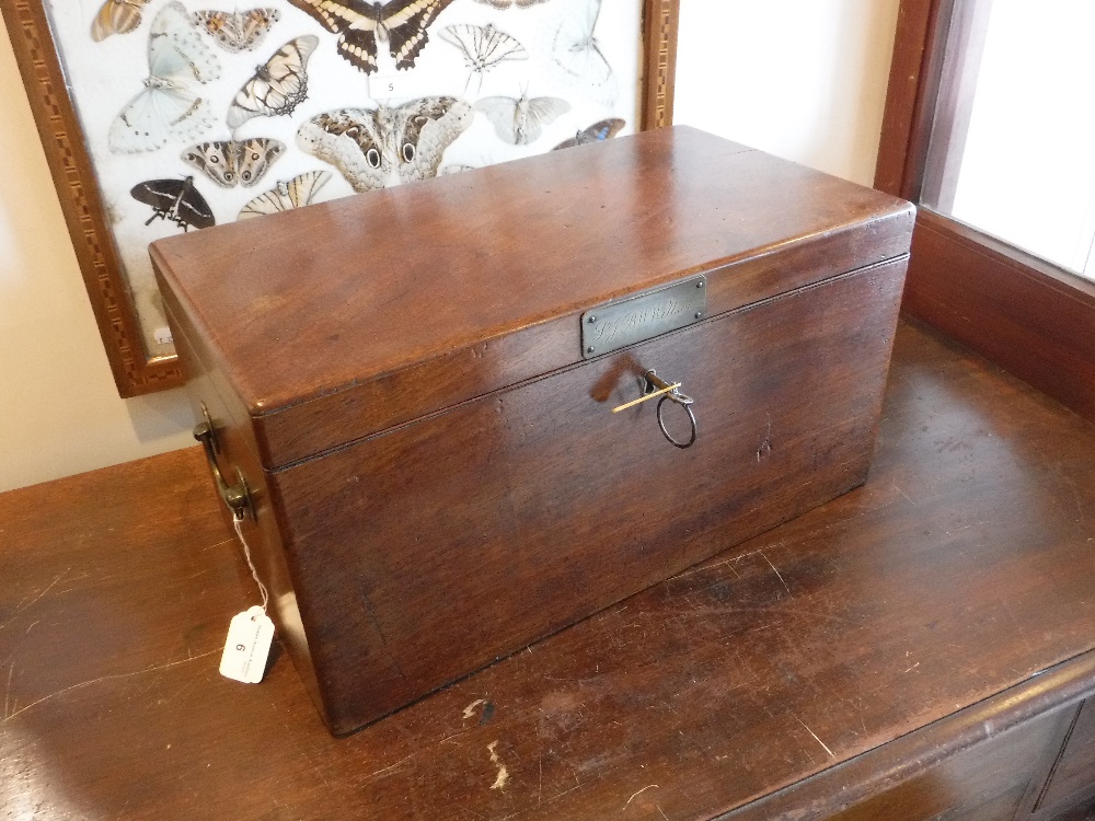 A 19TH CENTURY MAHOGANY MILITARY PHYSICIAN'S BOX, with brass plaque engraved 'Pt B.W. Willson', with