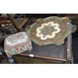 A LARGE ITALIAN TRAY, a large woven tray and a Victorian footstool (3)